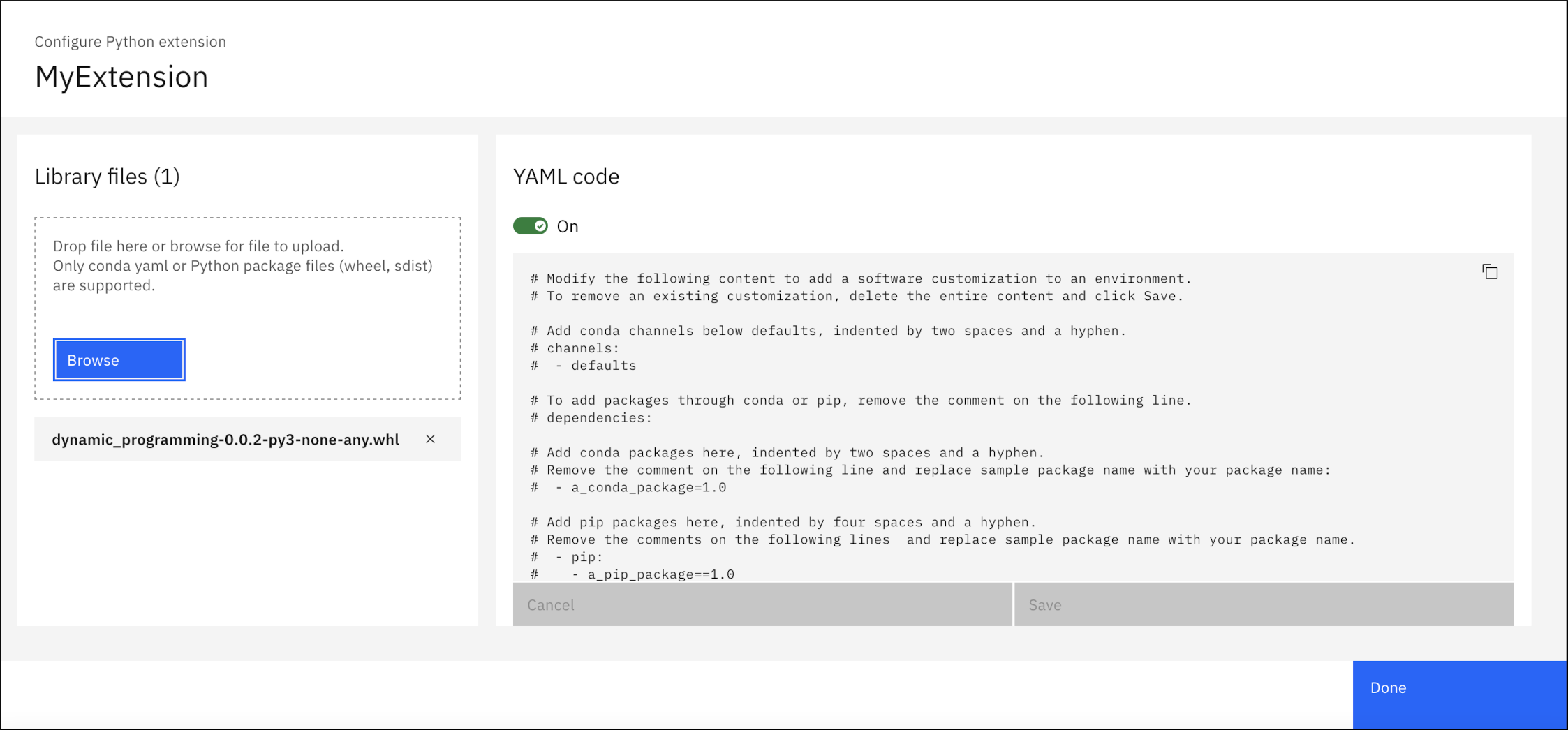 Configure Python extension window showing YAML code and a Dynamic Programming library included