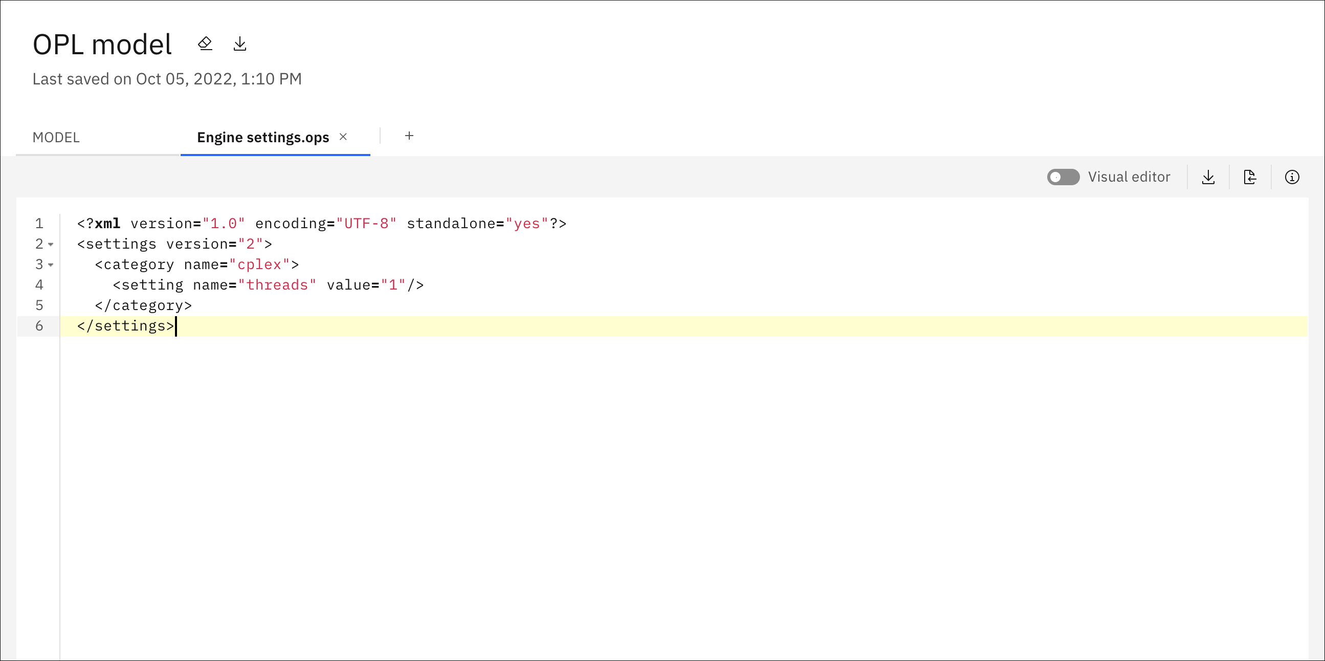 XML editor showing modifications made to default engine setting parameters