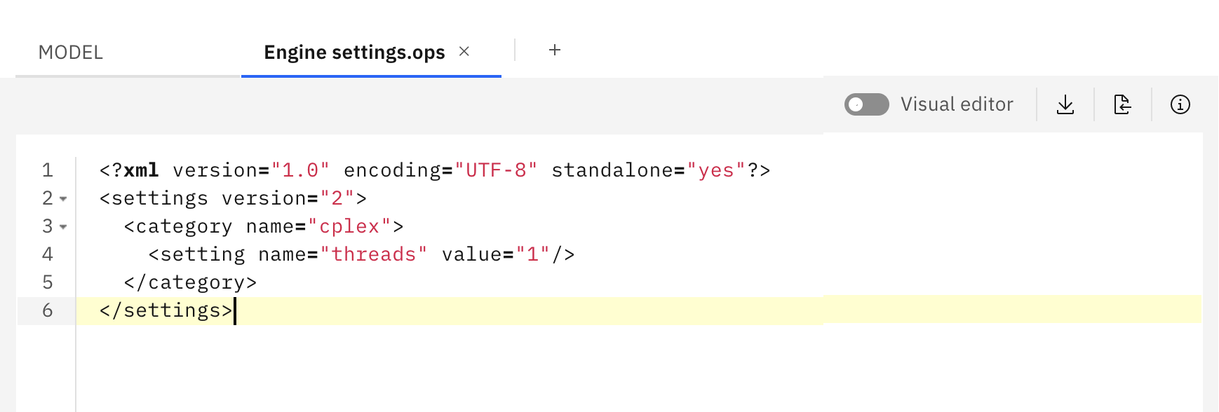 XML editor showing modifications made to default engine setting parameters