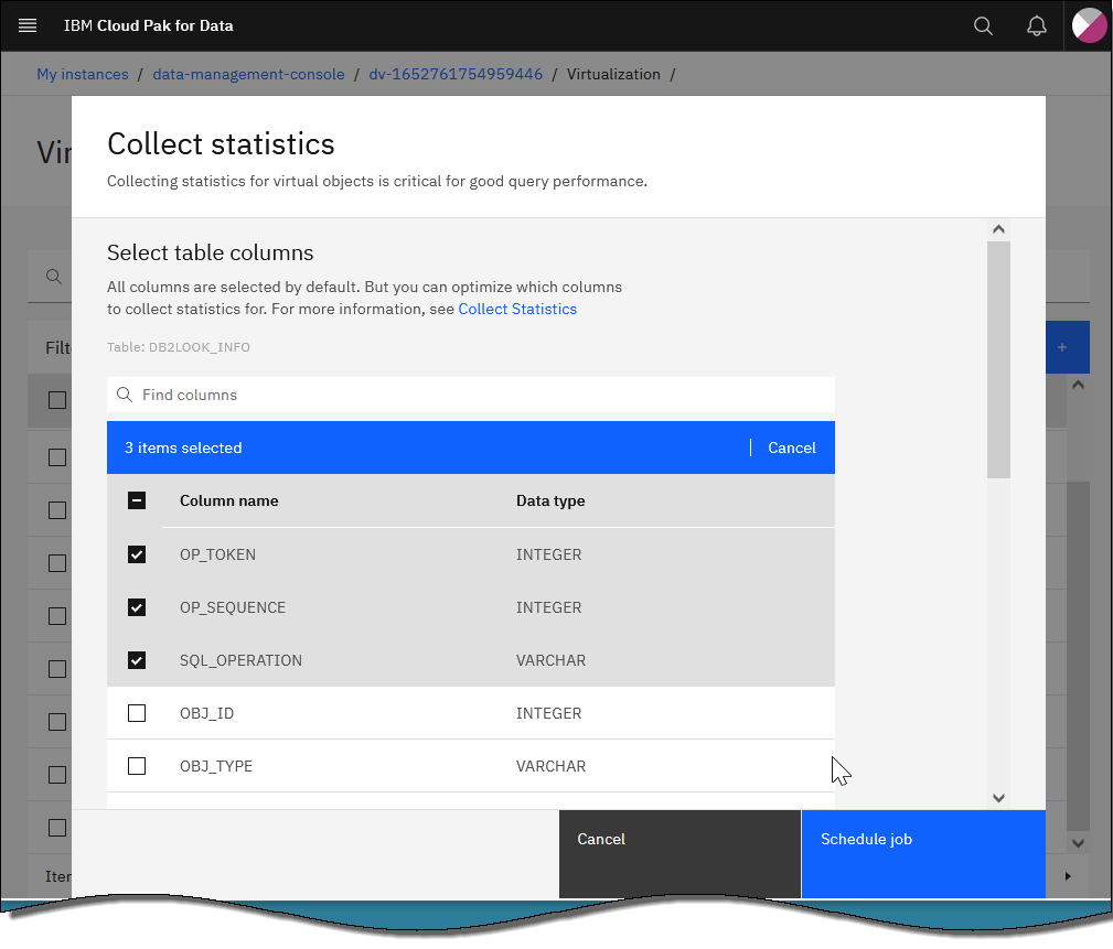 The Collect statistics page, showing columns that have been selected for statistics collection.