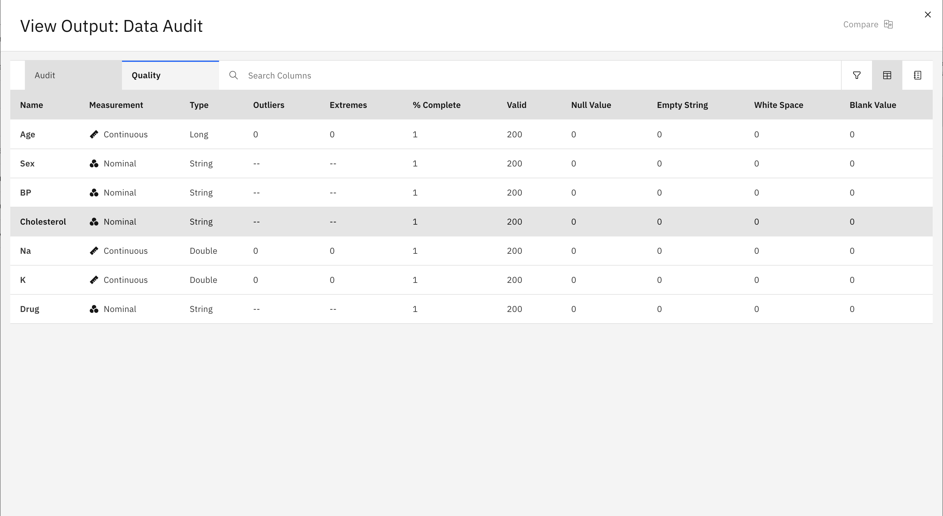 Data Audit node output example