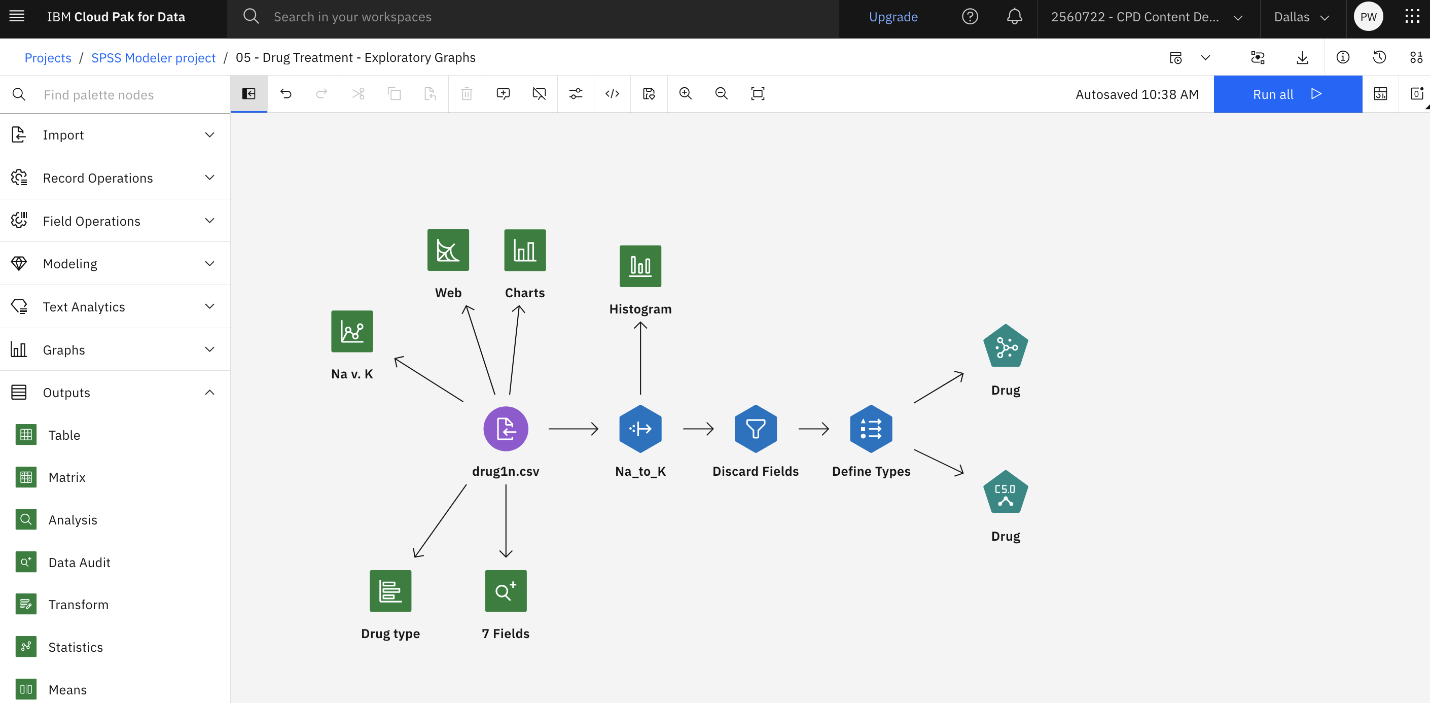 Modeler flow with Outputs and models pane displayed