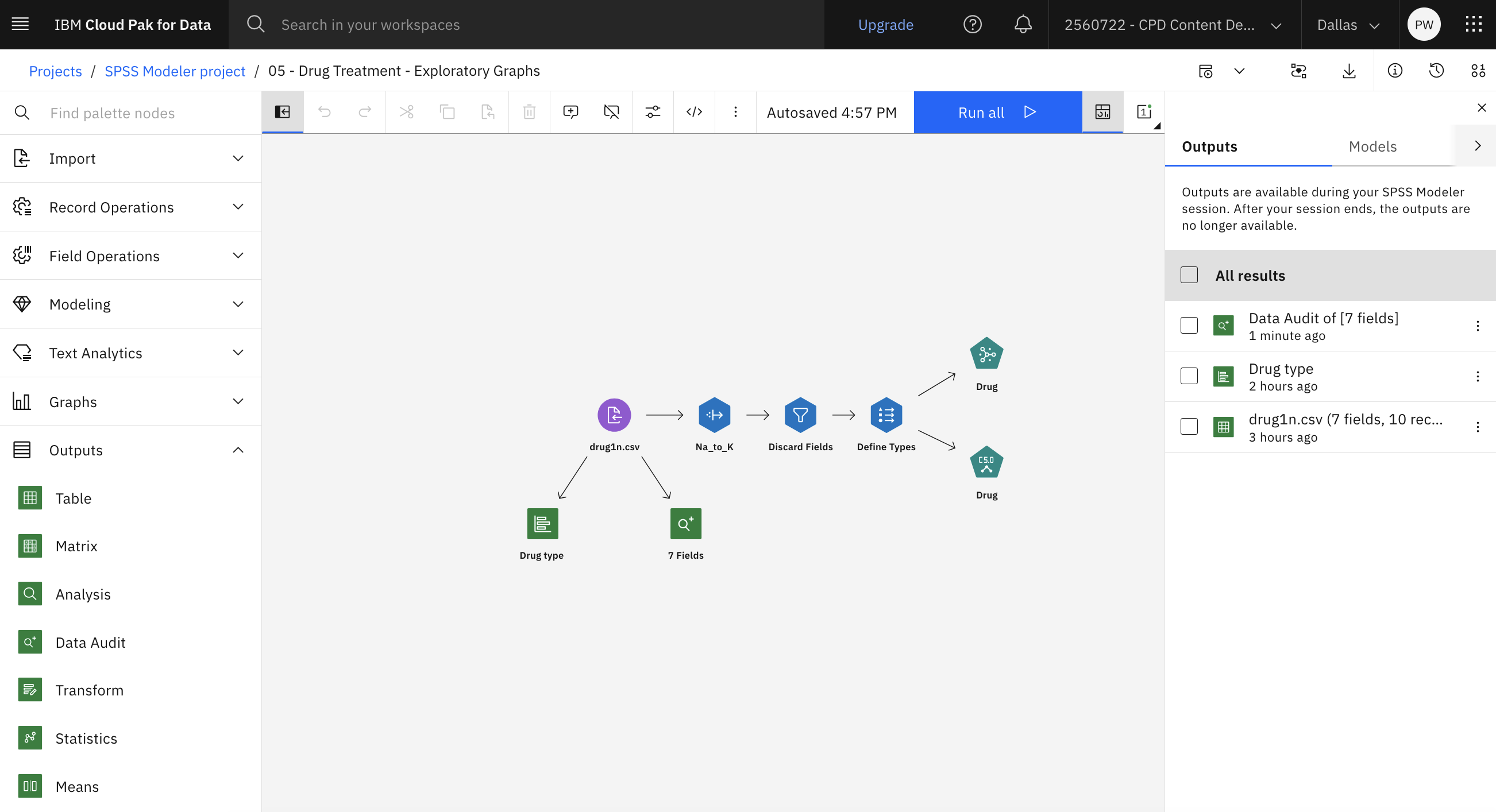 Modeler flow with Outputs and models pane displayed