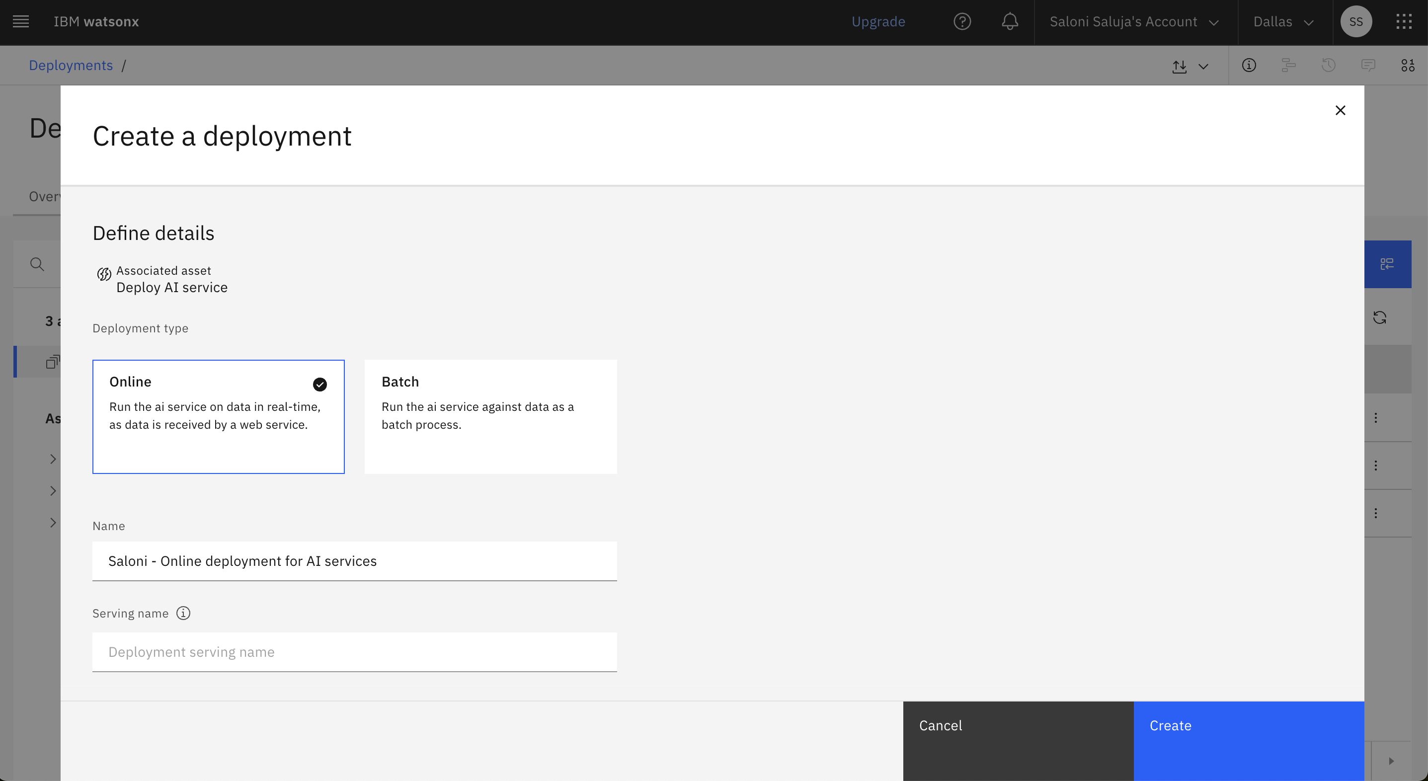 Screenshot shows how to create an online deployment for an AI service