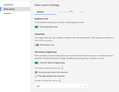 Data source settings for use text feature engineering 