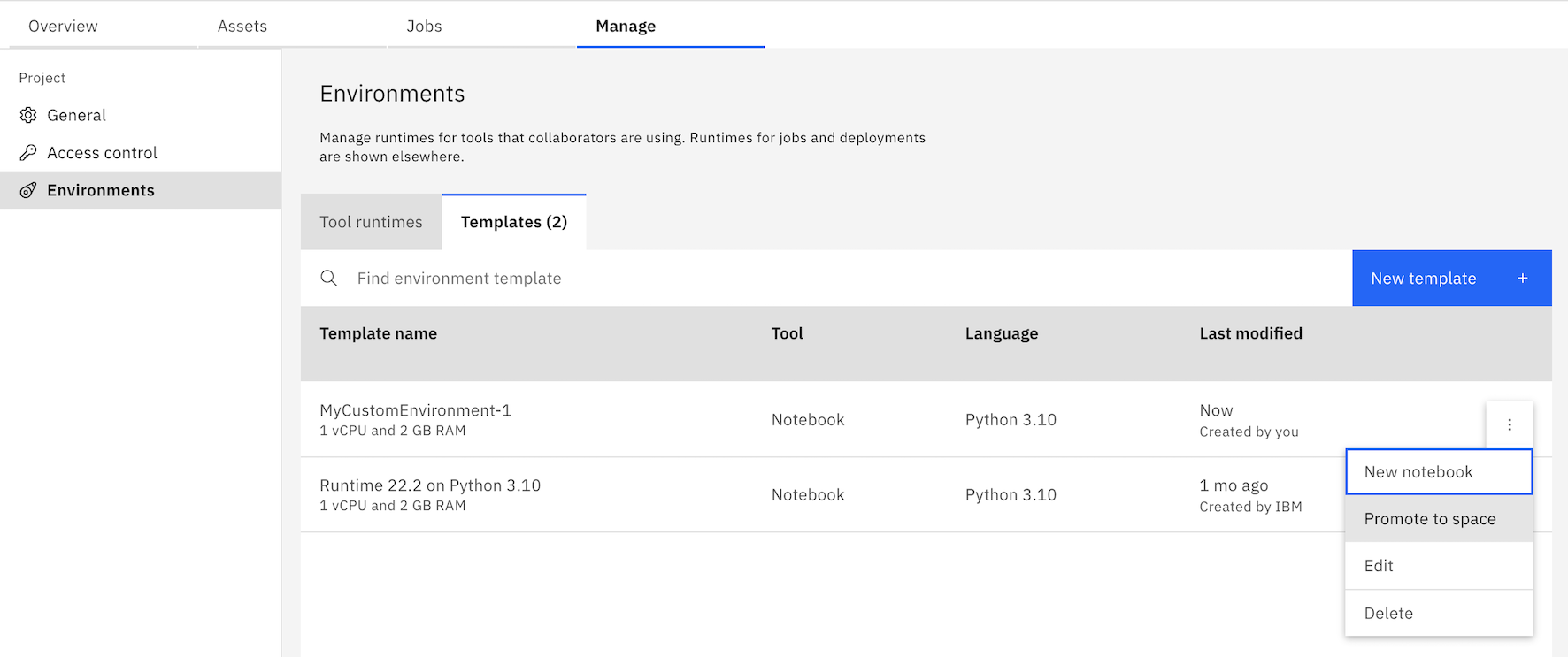 Selecting "Promote to space" for a custom environment in watsonx.ai Studio interface