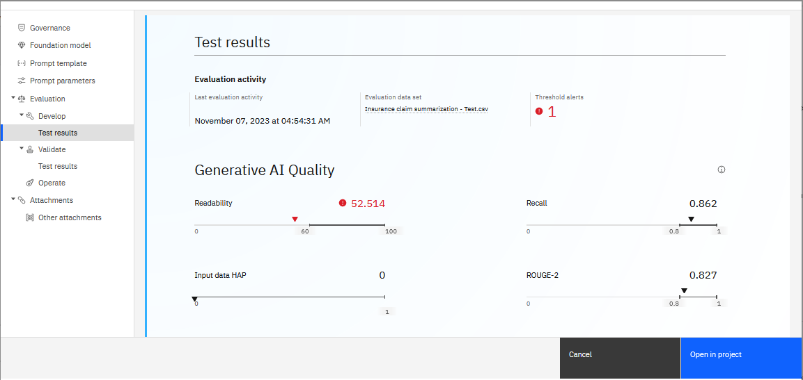 Viewing evaluation metrics for a prompt template in an AI use case