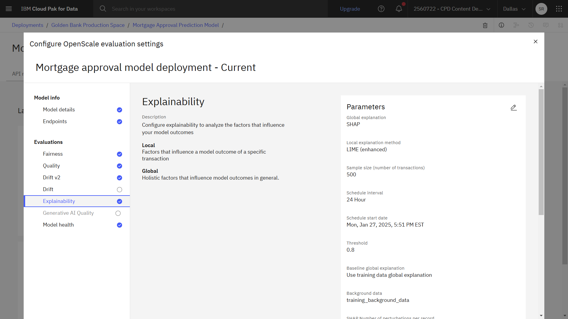 The following image shows the completed explainability configuration.