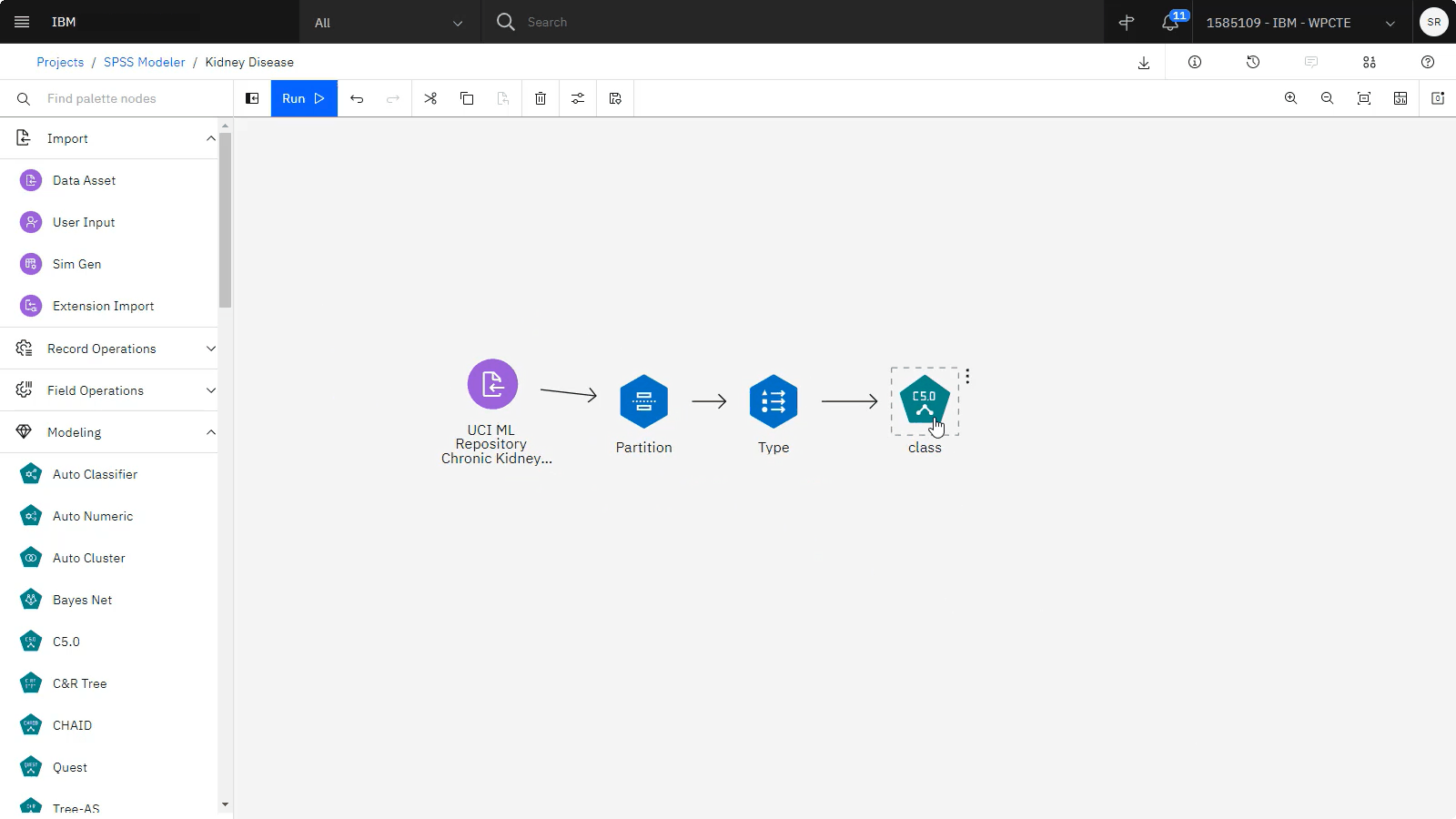 flow showing Data Asset node, Partition node, Type node, and C5.0 class node