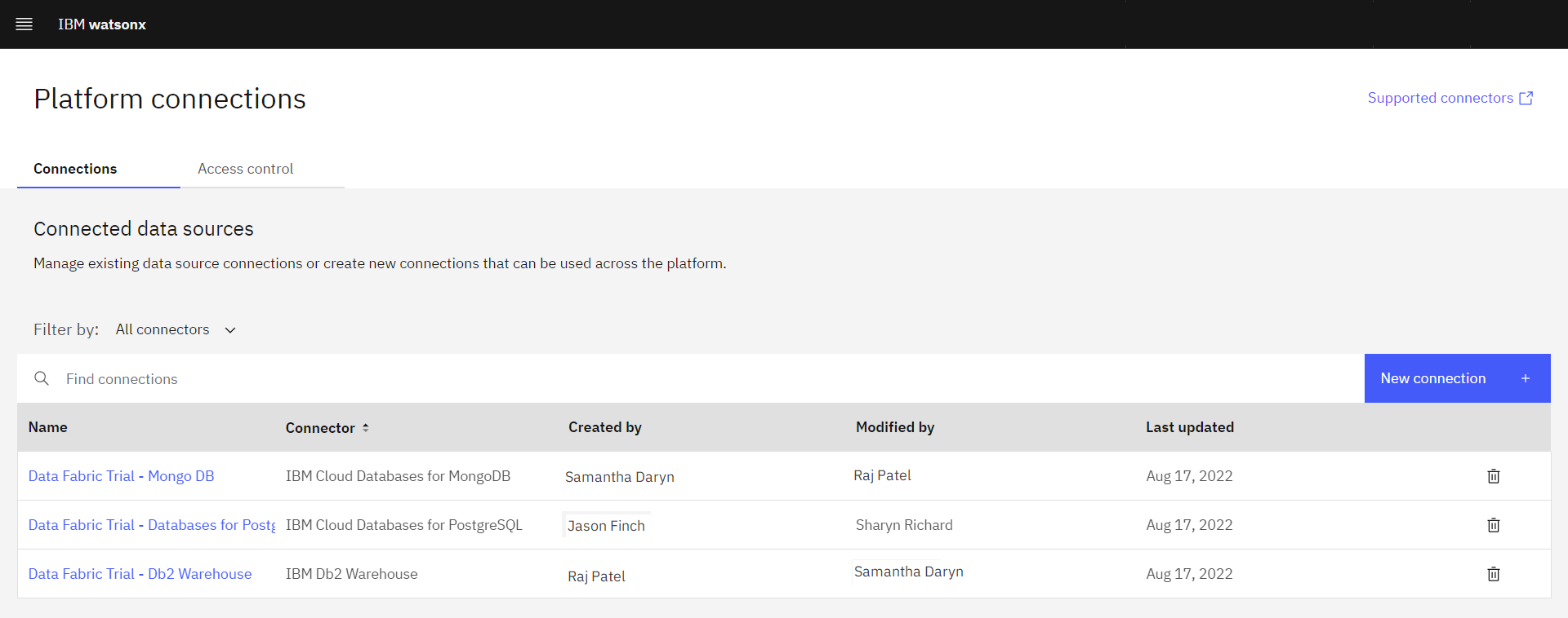 Connections page for Platform connections