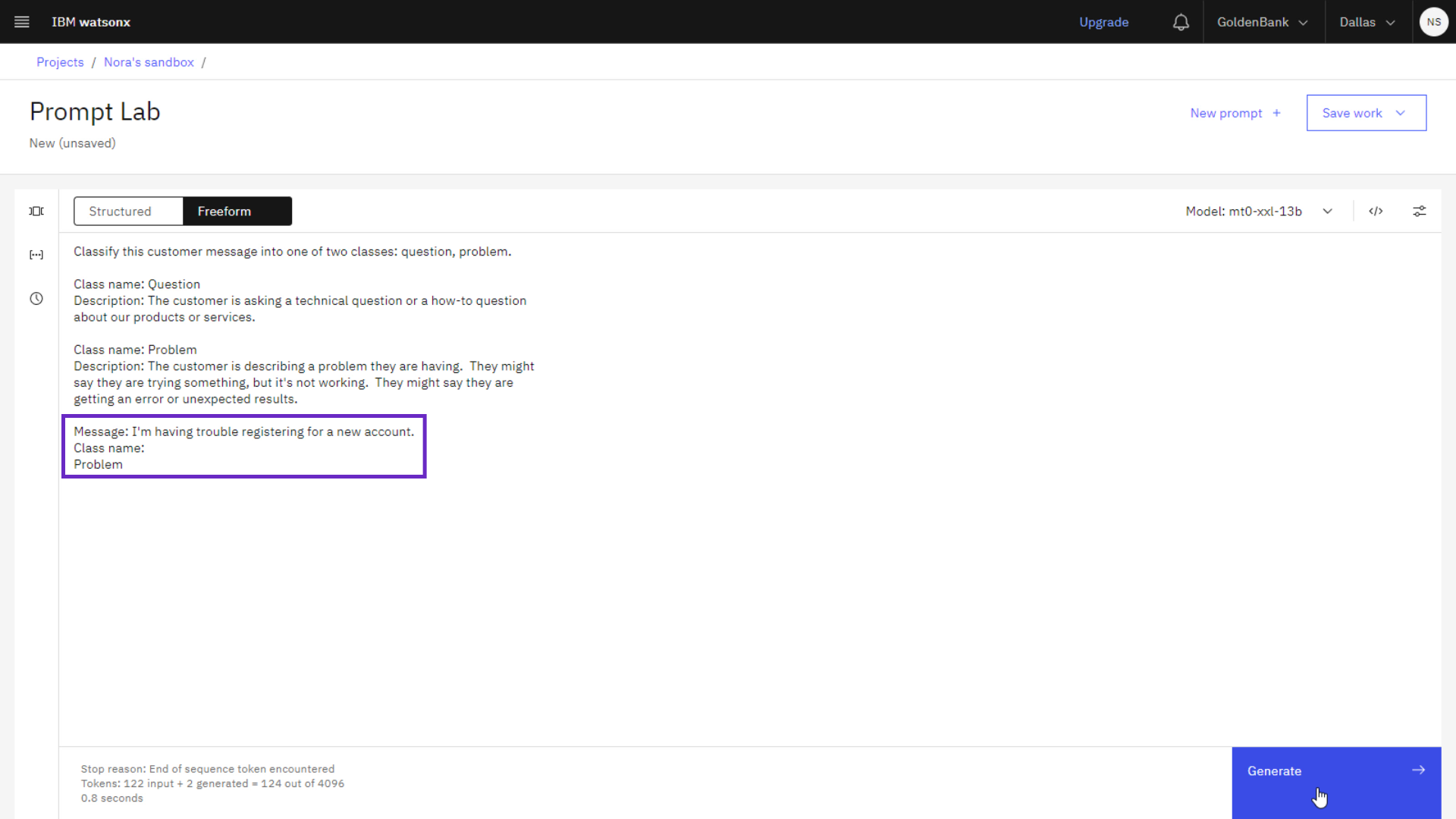 Generated output for the prompt in Freeform mode.