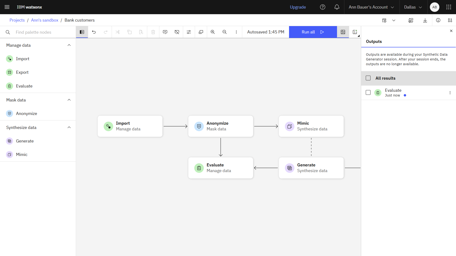 The following image shows the data flow open in the Synthetic Data Generator.