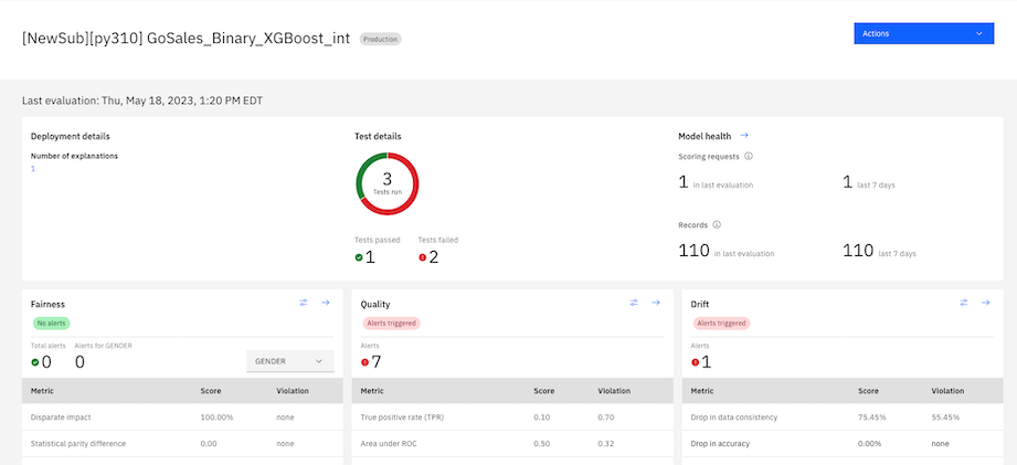 Model deployment evaluation chart is displayed with each evaluation showing details for how the model meets set thresholds.