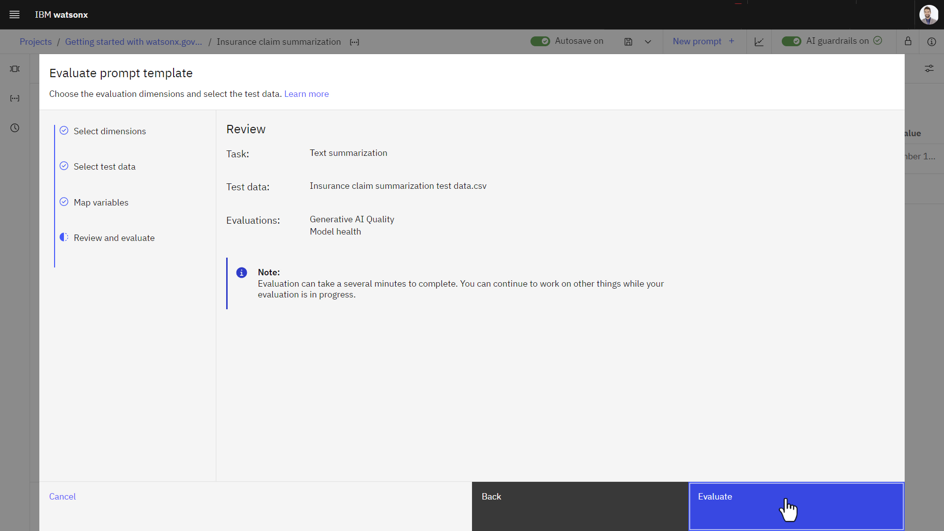 Review and evaluate prompt template evaluation settings