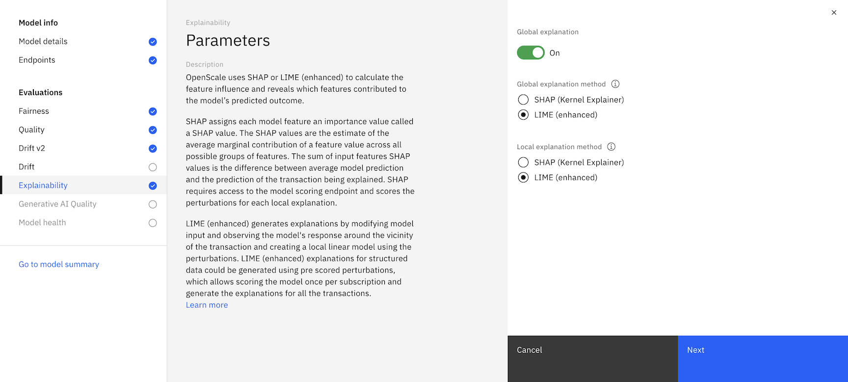 Explainability parameters are displayed with global explanation enabled and LIME selected as the Global and local explanation method