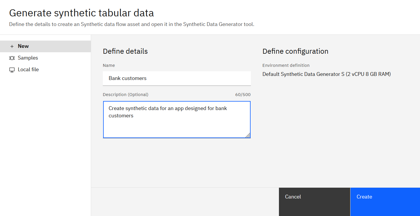 Generate synthetic tabular data flow asset